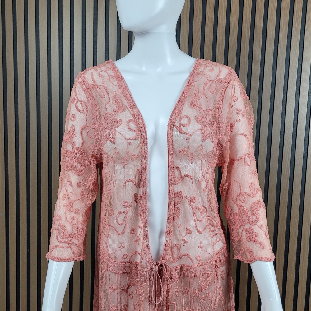 Indigo Poppy Duster Cardigan Floral Embroidered Sheer Mesh Coral L/XL - Picture 2 of 10